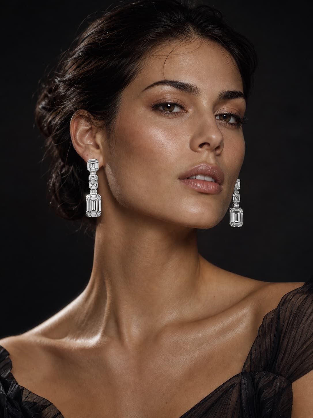Model wearing Natural PIECUT emerald-cut drop earrings, editorial portrait