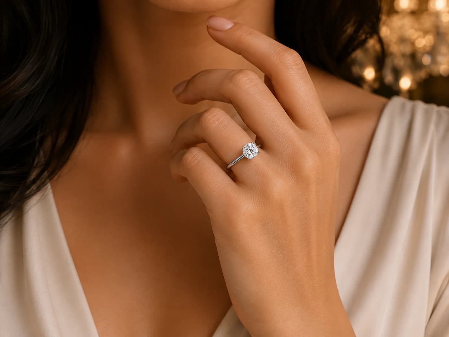 Lab-grown round solitaire ring worn on the hand